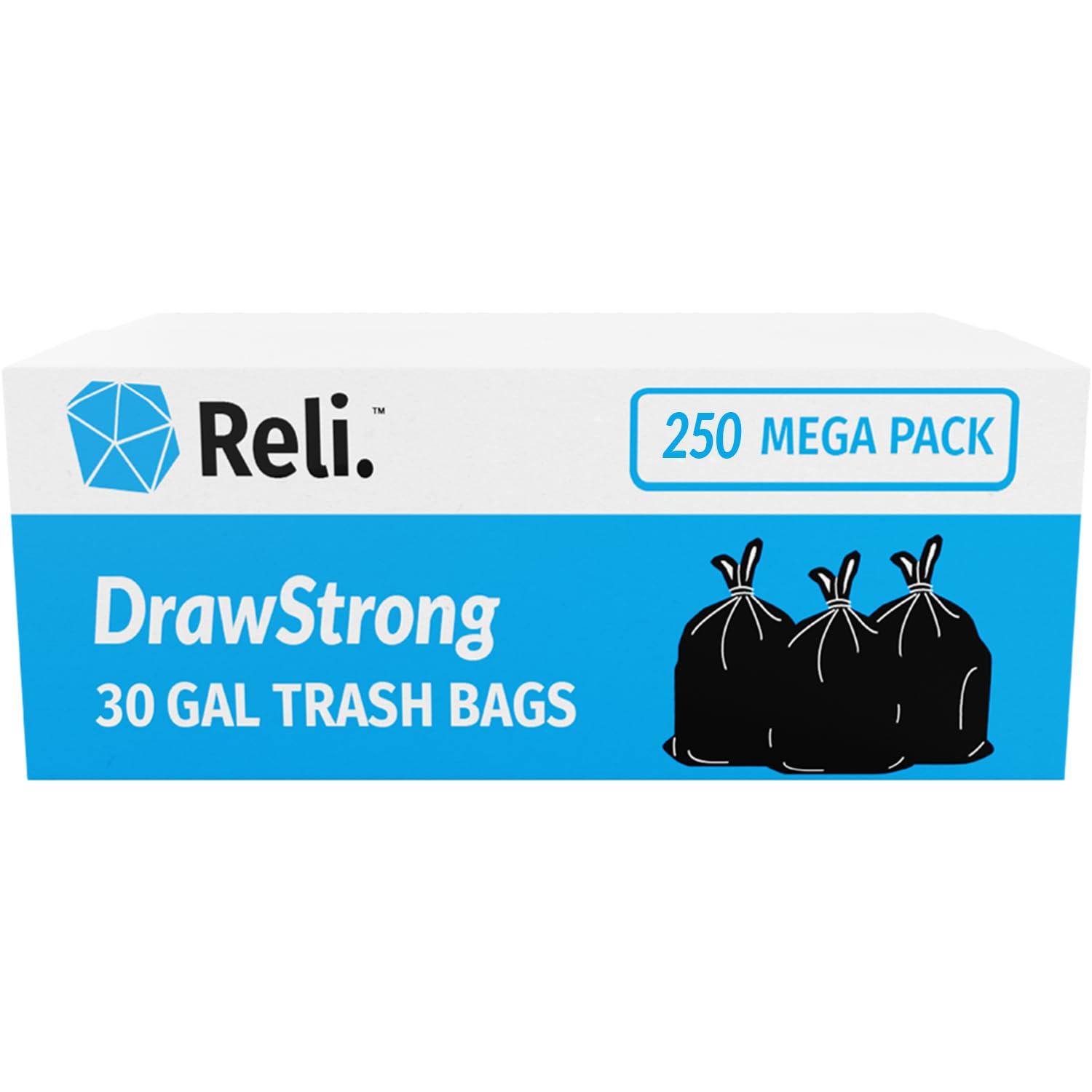 imageReli 30 Gallon Trash Bags Drawstring 250 Count Bulk Black 30 Gallon Garbage Bags Heavy Duty Large250