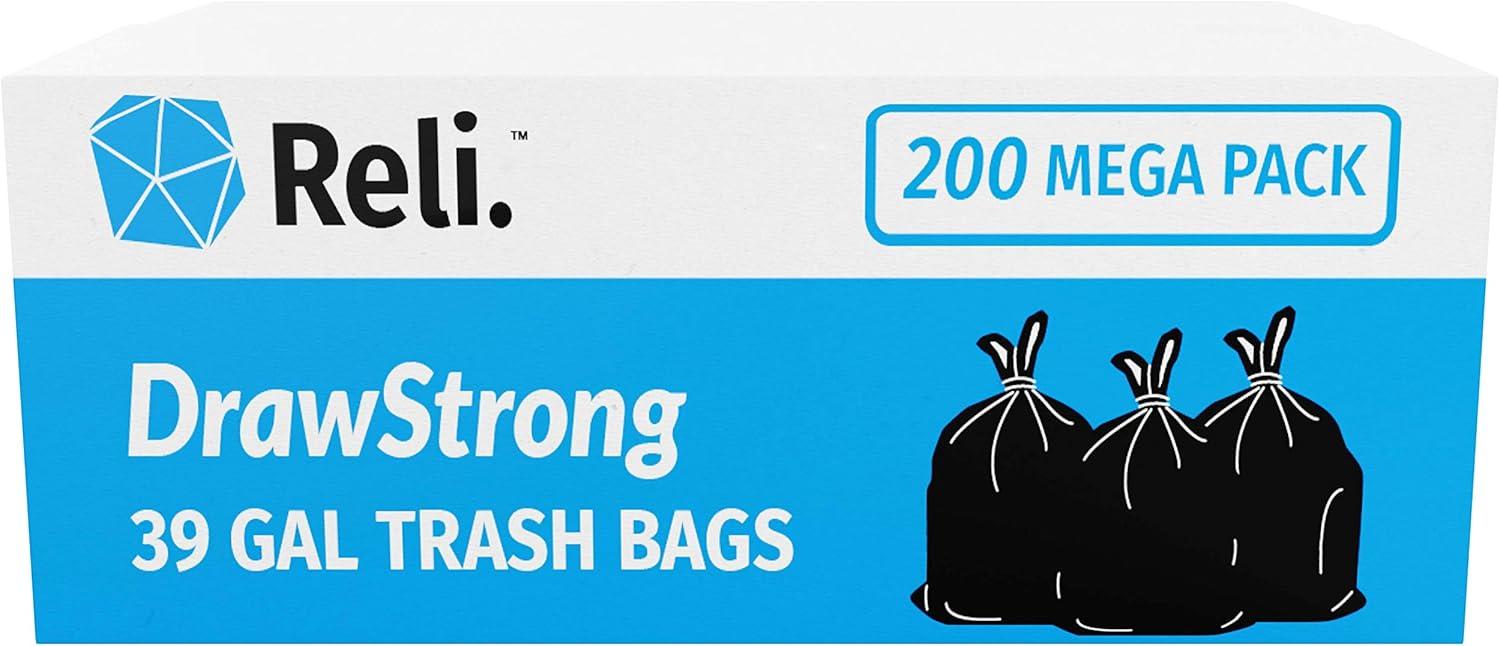 imageReli 39 Gallon Trash Bags Drawstring 200 Count Bulk Large 39 Gallon Heavy Duty Drawstring Trash Bags Black Garbage 39Gal Capacity Lawn Leaf 39Gal1 Count Pack of 200