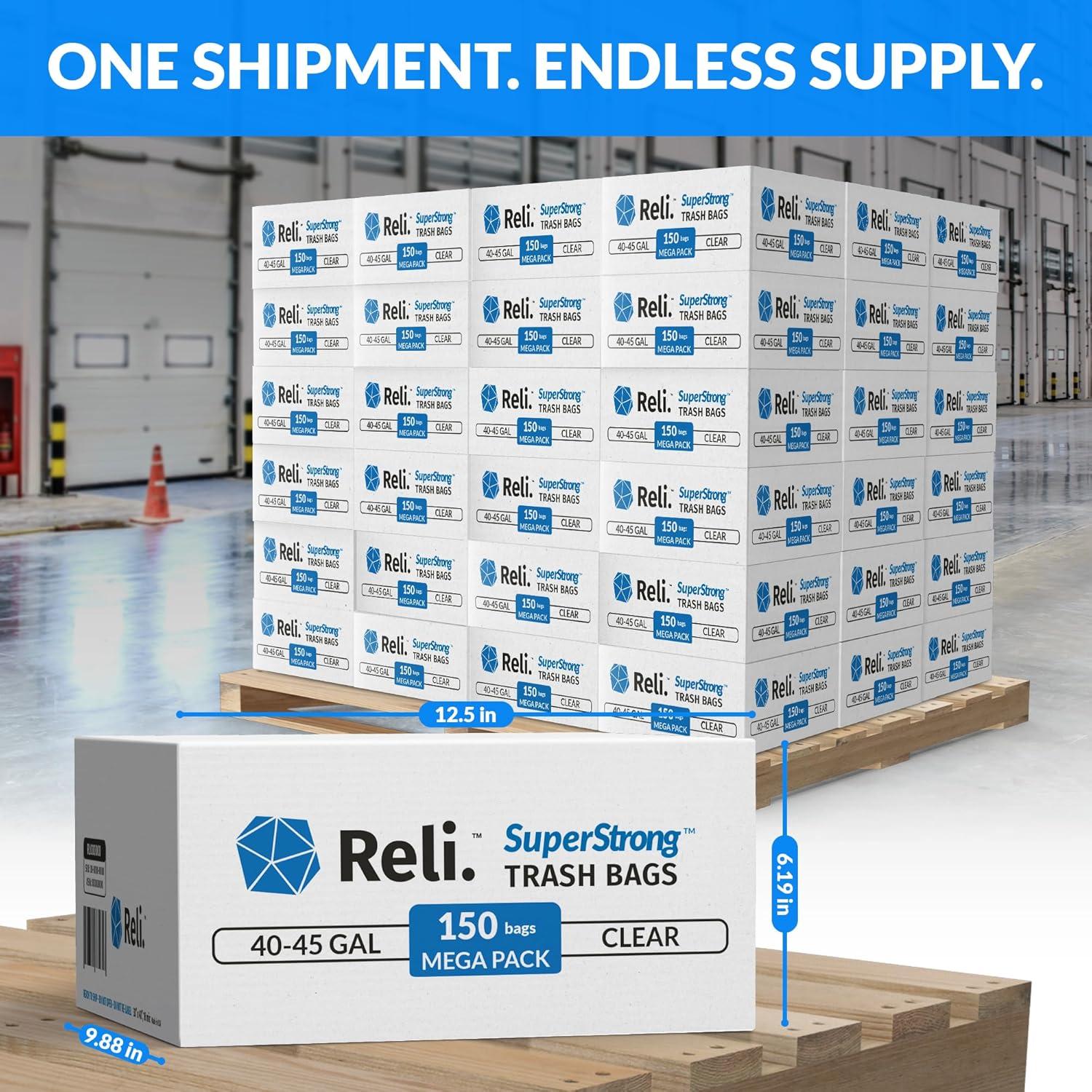 imageReli 40 to 45 Gallon Trash Bags Heavy Duty 10800 Total 150 BagsCase 72 CasesPallet Made in USA Clear