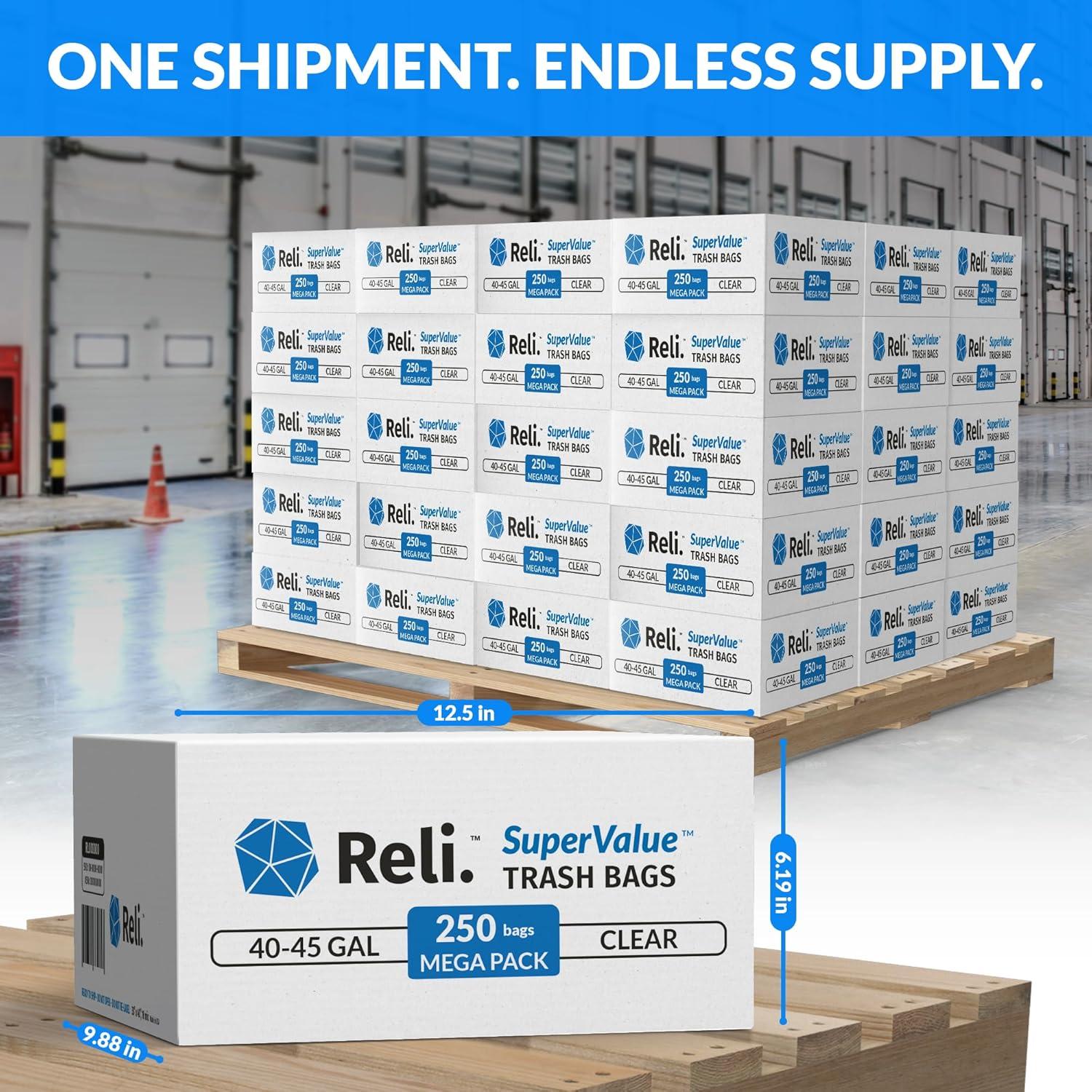 imageReli 40 to 45 Gallon Trash Bags Heavy Duty 15000 Total 250 BagsCase 60 CasesPallet Made in USA Clear