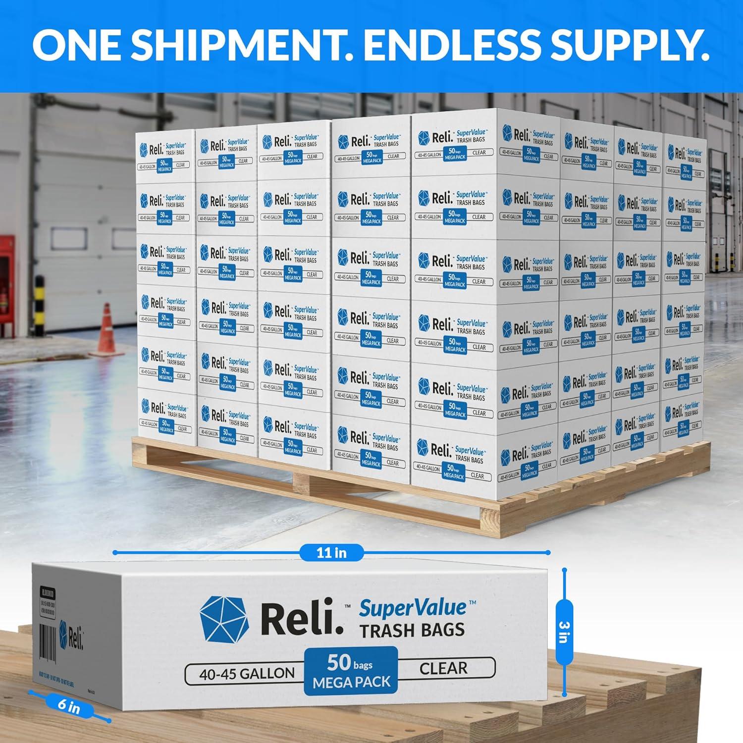 imageReli 40 to 45 Gallon Trash Bags Heavy Duty 8000 Total 50 BagsCase 160 CasesPallet Made in USA Clear