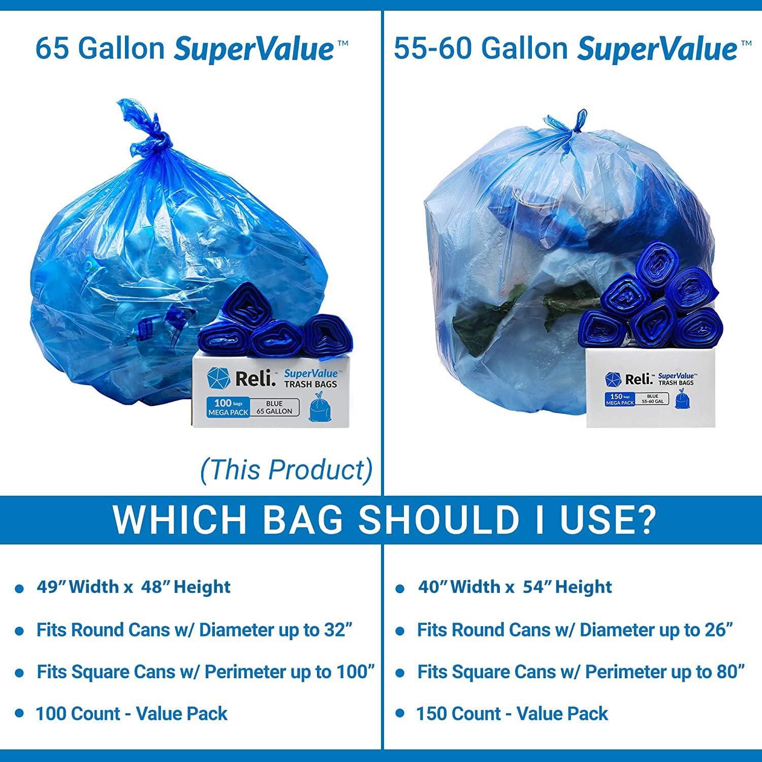 imageReli 65 Gallon Blue Recycling Bags 100 Count Heavy Duty Large Trash Bags