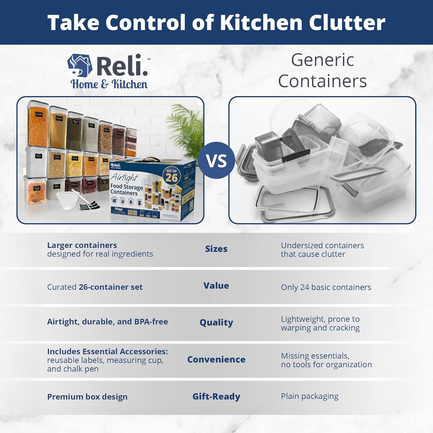 imageReli Airtight Food Storage Containers with Lids 26 Sets Kitchen Organizers and Storage Pantry Organizers BPA Free Plastic Food Containers Mega Variety Pack wMeasuring Cup 30 Labels Pen