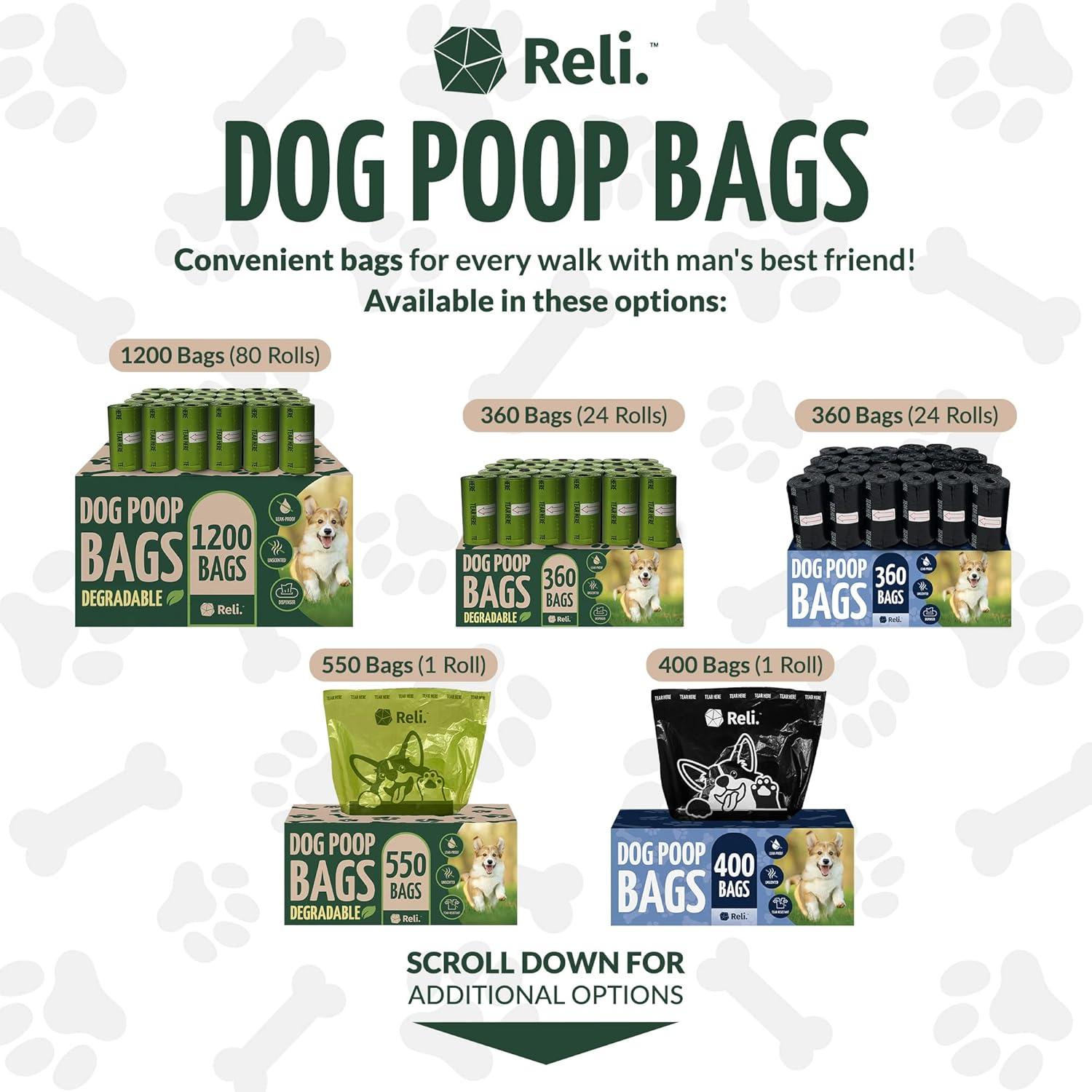 imageReli Biodegradable Dog Poop Bags wHolder 1200 Count 80 Rolls Bulk Leash Clip Dispenser 9x13 Large Dog Bags for Poop Green EcoFriendly Oxobiodegradable Waste Disposal Refills Unscented