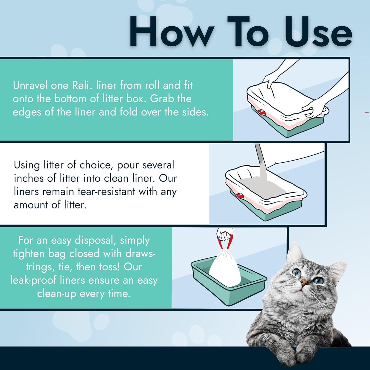 imageReli Cat Litter Box Liners 18 Count Jumbo Drawstring Litter Box Liner Heavy Duty for Cat Pan Pet Waste Kitty Poop Bags Drawstring Handles White
