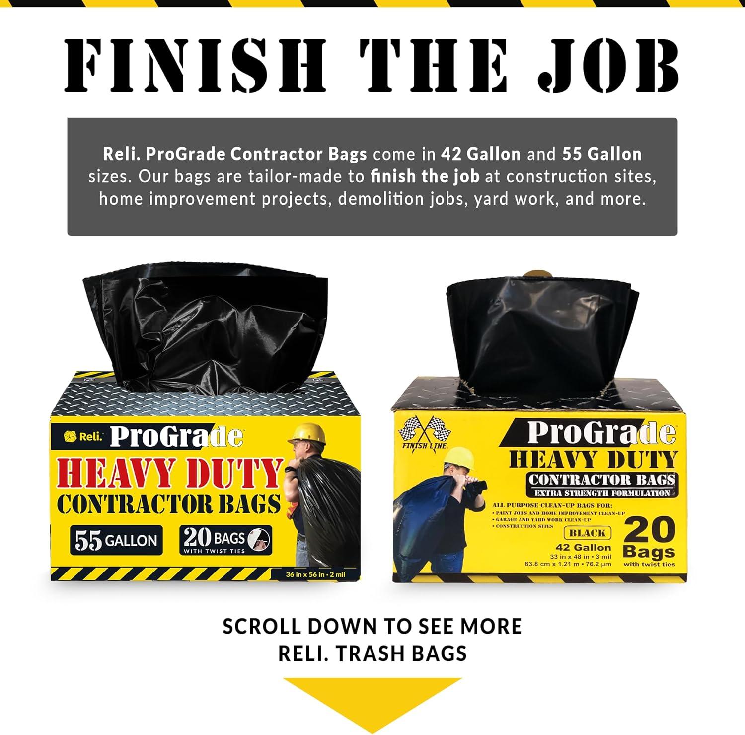 imageReli Contractor Garbage Bags 55 Gallon 40 Trash Bags Heavy Duty Black Contractor