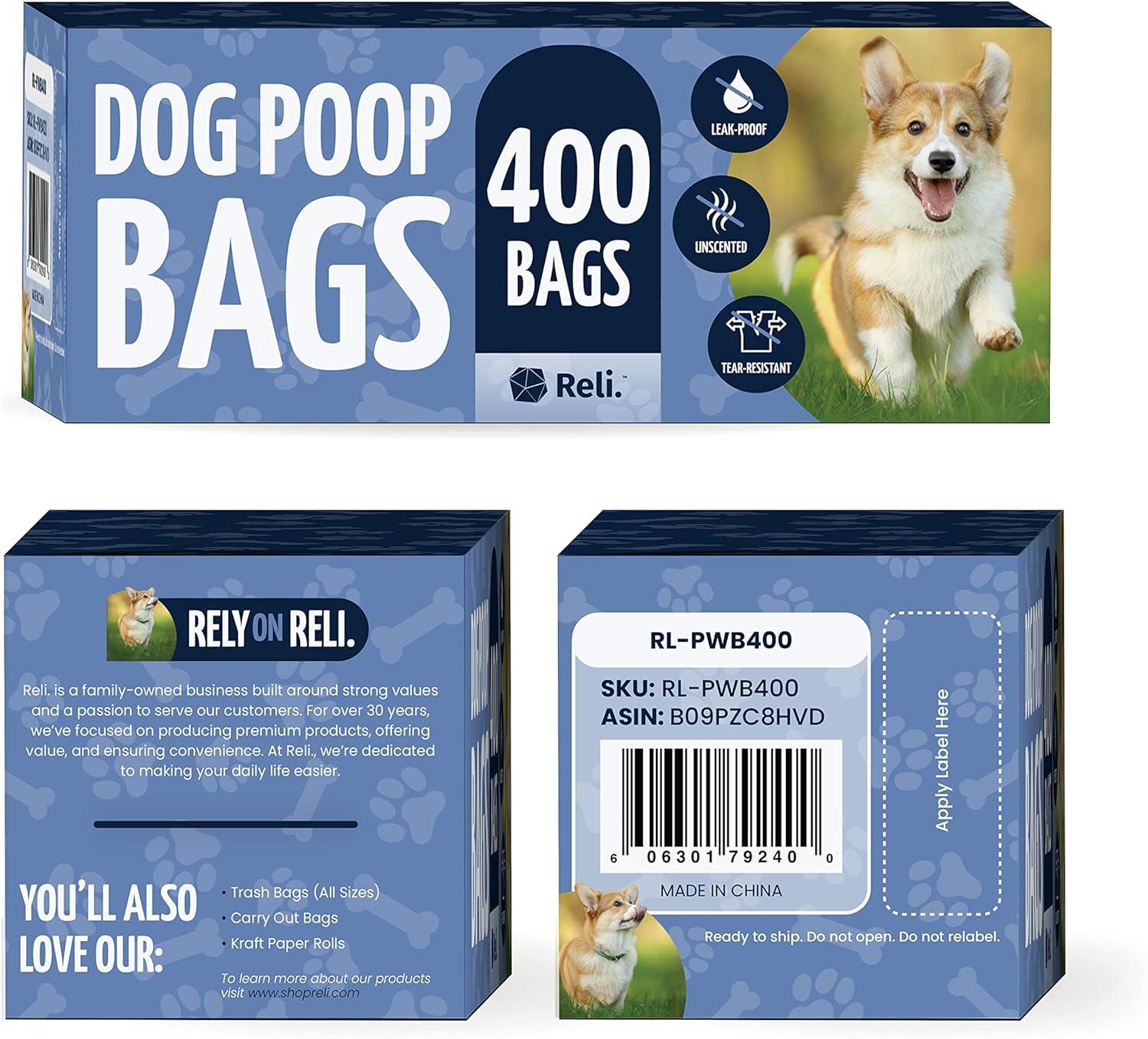 imageReli Dog Poop Bags 400 Bags Large Single Roll Dispenser Box 9x13 Large Doggie Poo Sack Use for Yard Pickup Bulk Single Roll Unscented Leak Proof Black