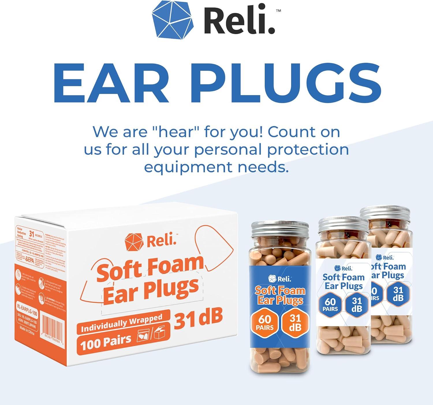 imageReli Foam Ear Plugs 100 Pairs Bulk Individually Wrapped 31 dB NRR Disposable Foam Ear Plugs for Sleeping Noise Cancelling Blocks Loud Noises for Snoring Concerts Travel Peach1 Count Pack of 100