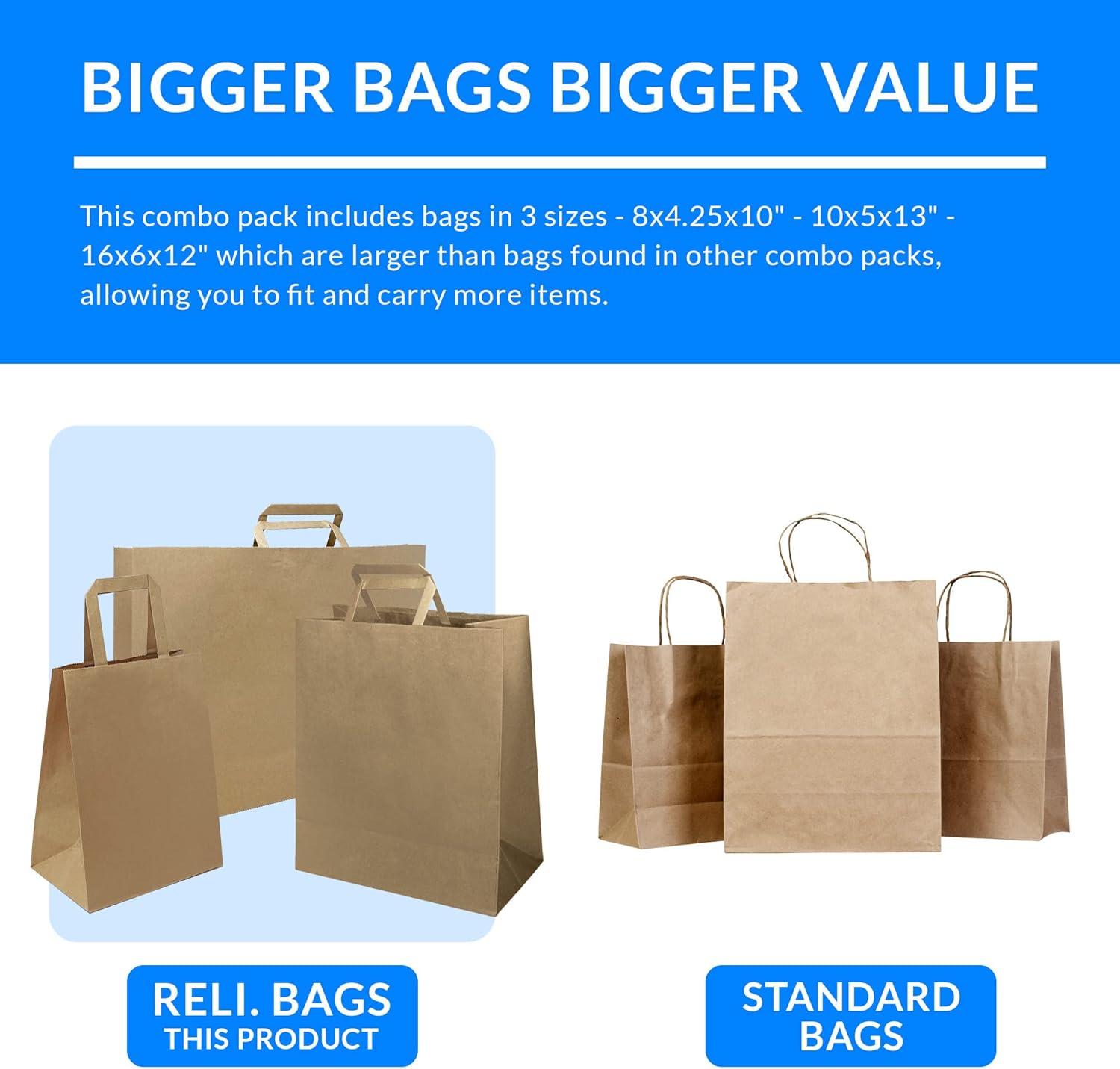 imageReli Paper Bags wHandles Kraft Assorted Large Sizes 75 Pcs 25 Each Size Bulk 8x425x1010x5x1316x6x12 Brown Paper Bag Combo Pack Retail BagsShopping Gifts