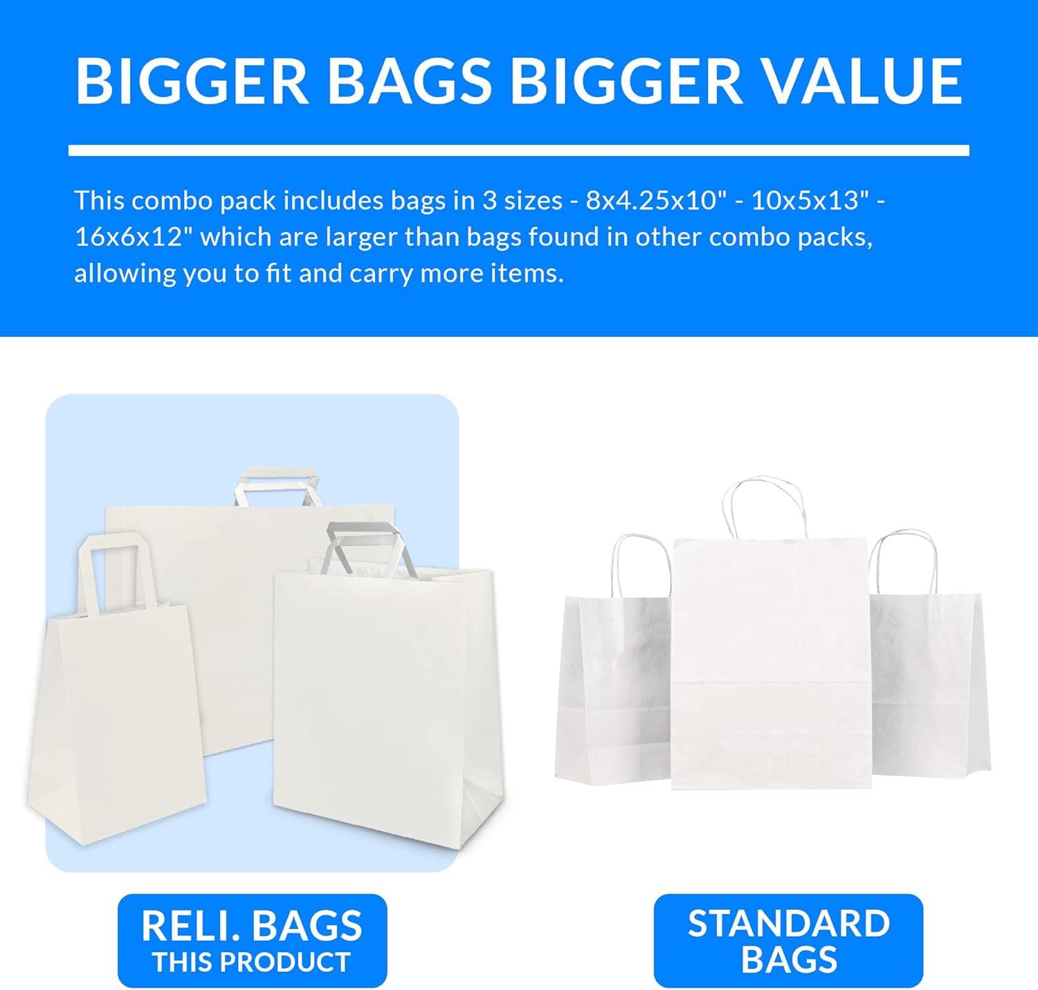 imageReli Paper Bags wHandles White Assorted Large Sizes 75 Pcs 25 Each Size Bulk 8x425x1010x5x1316x6x12 White Paper Bag Combo Pack Retail BagsShopping Gifts