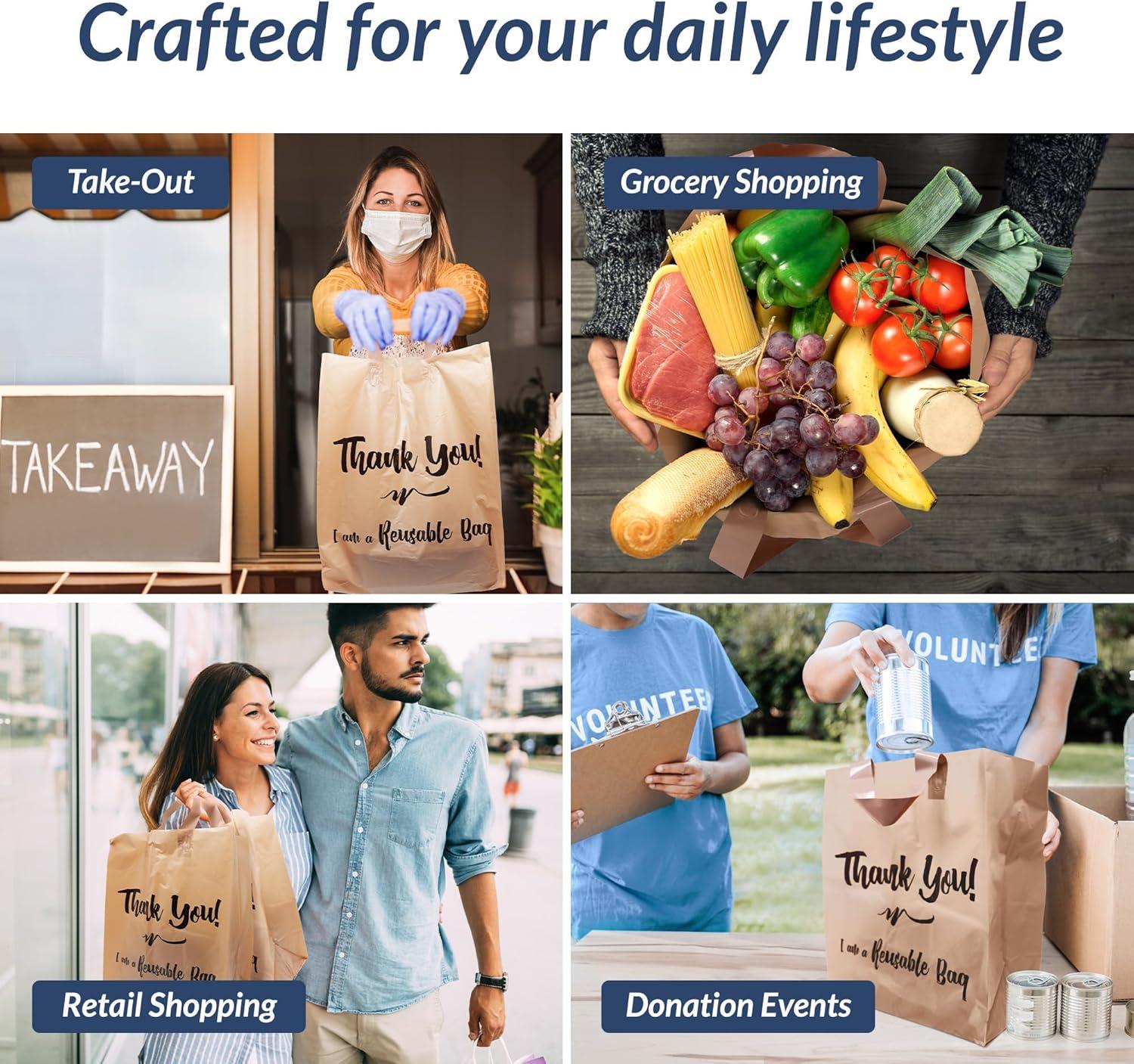 imageReli Reusable Thank You Bags 125 Pack 2 Mil BrownKraft Shopping Bags Plastic 12 L x 675 W x 14 H Ideal for Groceries Retail Food Take OutTo Go Small Business