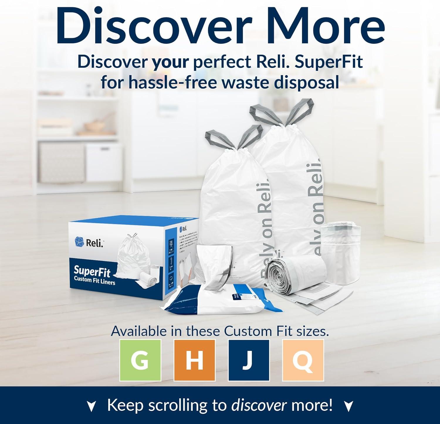 imageReli SuperFit Code J 225 Count Compatible with Simplehuman Code J Custom Fit Liners Drawstring Trash Bags 3045 Liter 812 Gallon White Roll Pack