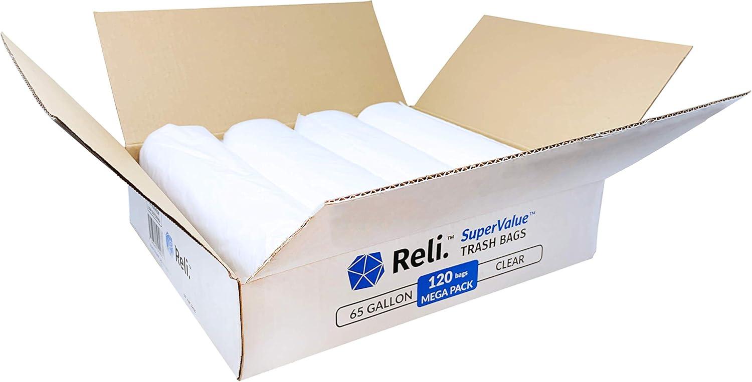 imageReli SuperValue 65 Gallon Trash Bags 120 Count Made in USA Heavy Duty Bulk Clear MultiUse Garbage Bags
