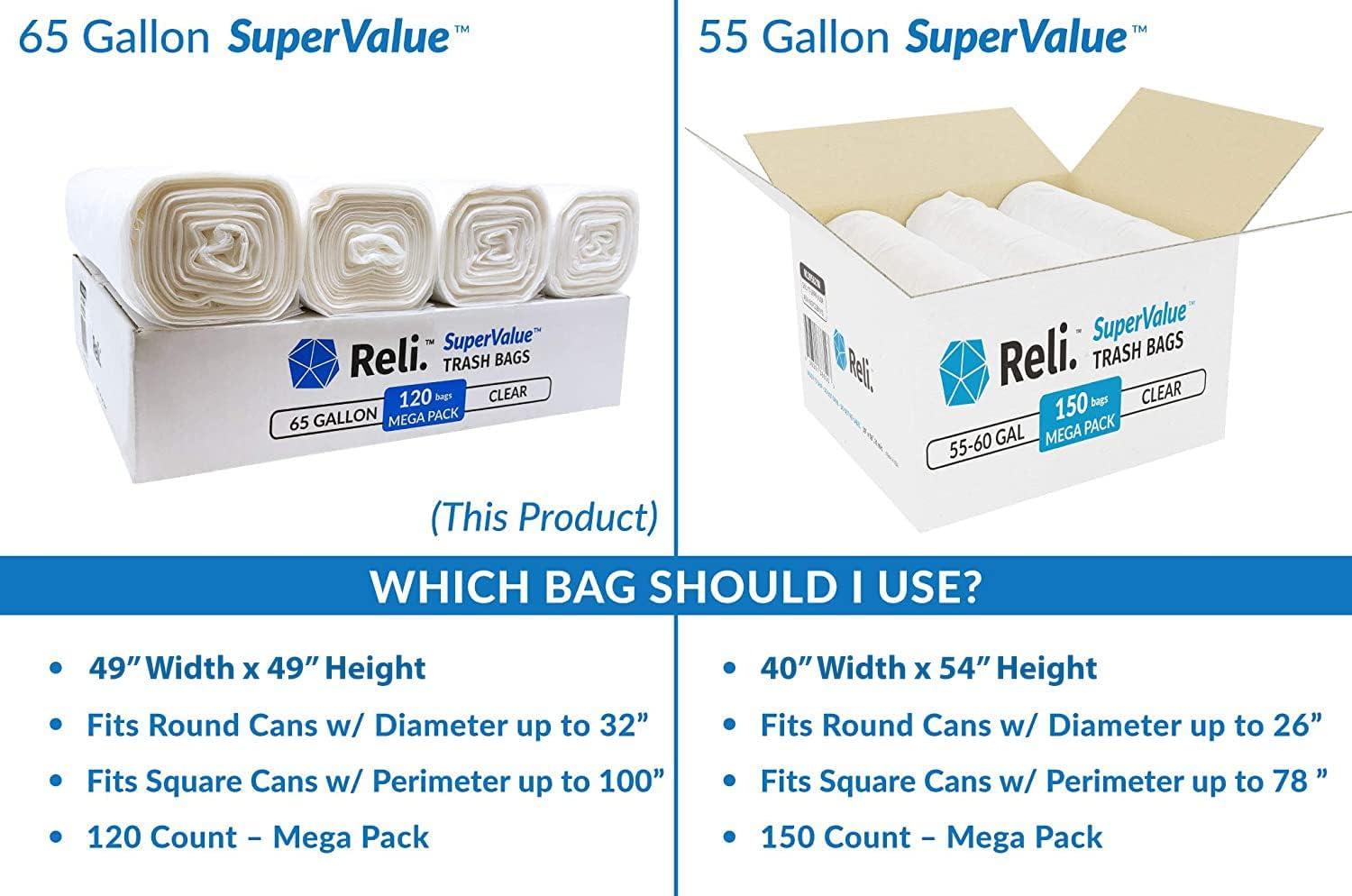imageReli SuperValue 65 Gallon Trash Bags 120 Count Made in USA Heavy Duty Bulk Clear MultiUse Garbage Bags