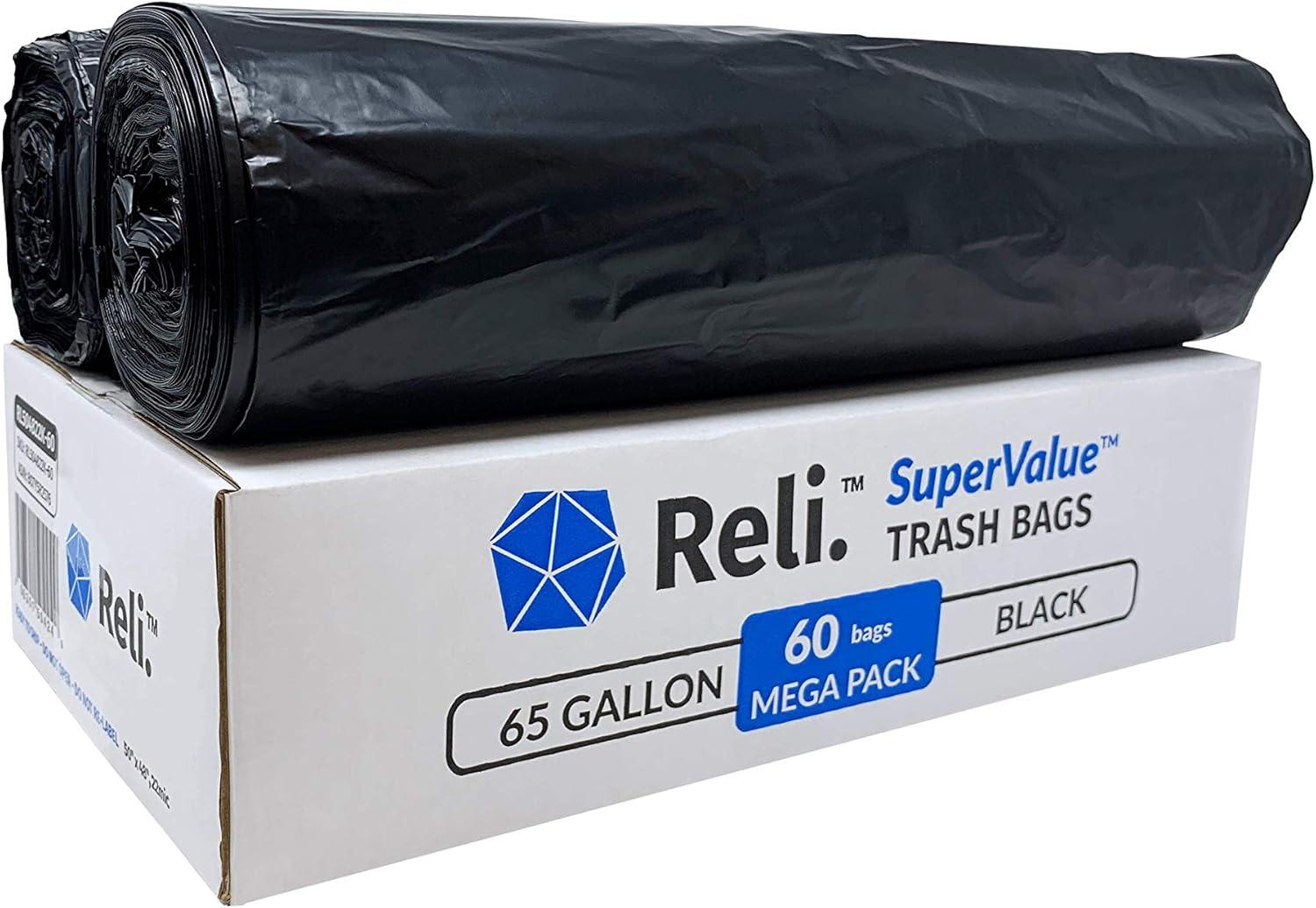imageReli SuperValue 65 Gallon Trash Bags 60 Count Made in USA Heavy Duty Black MultiUse Garbage Bags