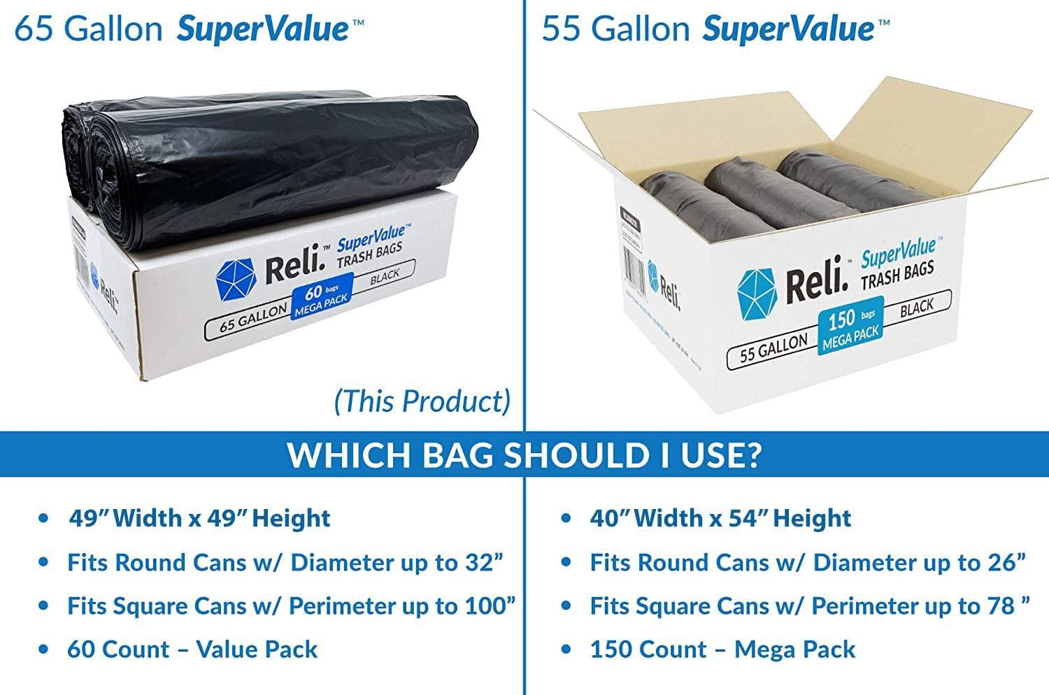 imageReli SuperValue 65 Gallon Trash Bags 60 Count Made in USA Heavy Duty Black MultiUse Garbage Bags