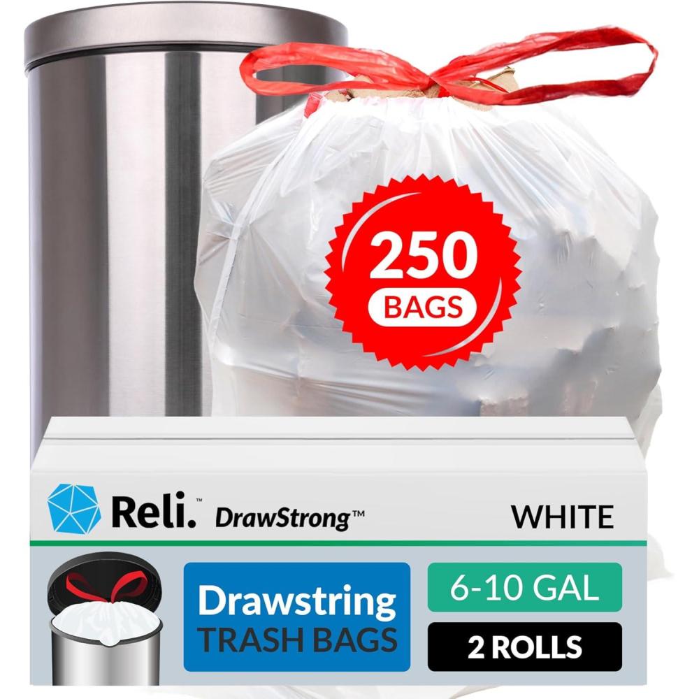 image610 Gallon Trash Bags Drawstring 250 Count 22x23 6 8 10 Gallon Drawstring Garbage Bags White Trash Can Liners Small Medium