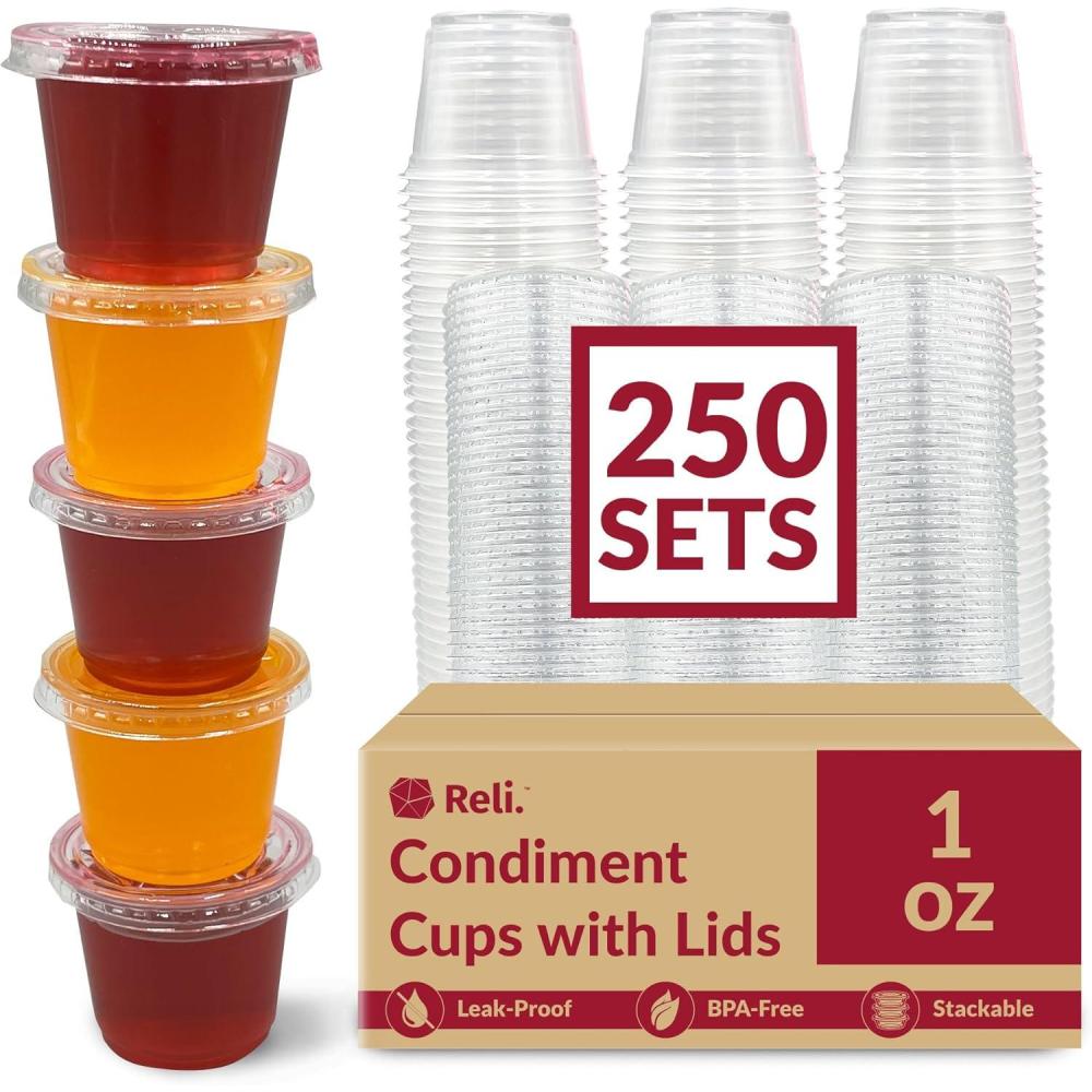 imageReli 1 oz Small Containers with Lids 250 Sets Jello Shot Cups with Lids Clear Plastic Condiment Containers Portion Cups Sauce Souffle Stackable Bulk