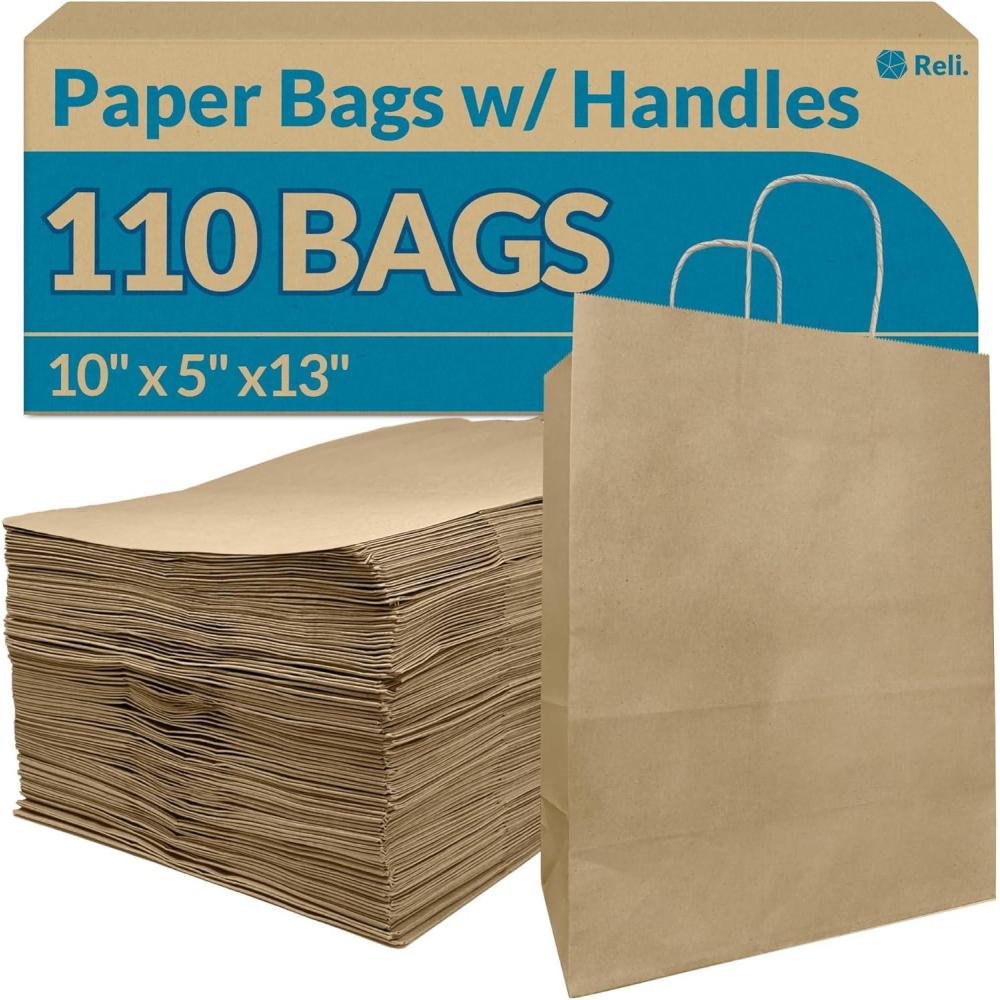 imageReli 10x5x13 in Brown Paper Bags with Handles 110 Pack Kraft Paper Shopping Bags with Twist Handles Bulk Ideal for Gifts Retail Shopping Merchandise Take OutTo Go Party Crafts