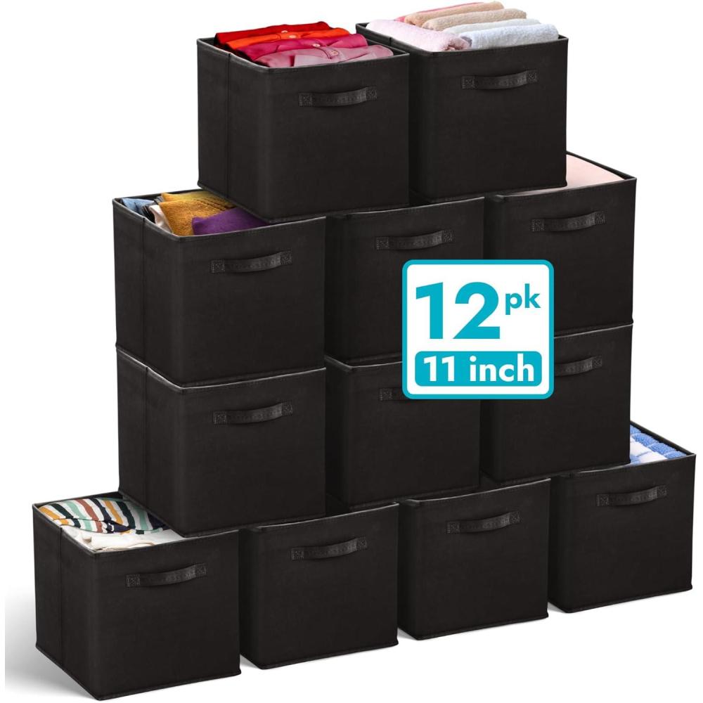 imageReli 11 Inch Cube Storage Bins 12 Pack Cube Organizer Bins 11x11 Fabric Storage Boxes Collapsible Foldable Fabric Cubby Box Square Bedroom Office Home Organization