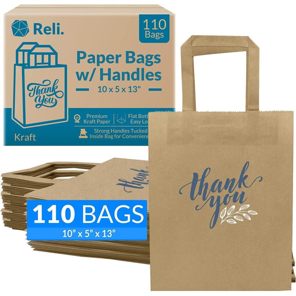 imageReli 110 Pack 10x5x13 Paper Thank You Bags wHandles Brown Paper Bags Printed Small Thank You Giftbag for Guests Gifts Wedding Merchandise Small Business