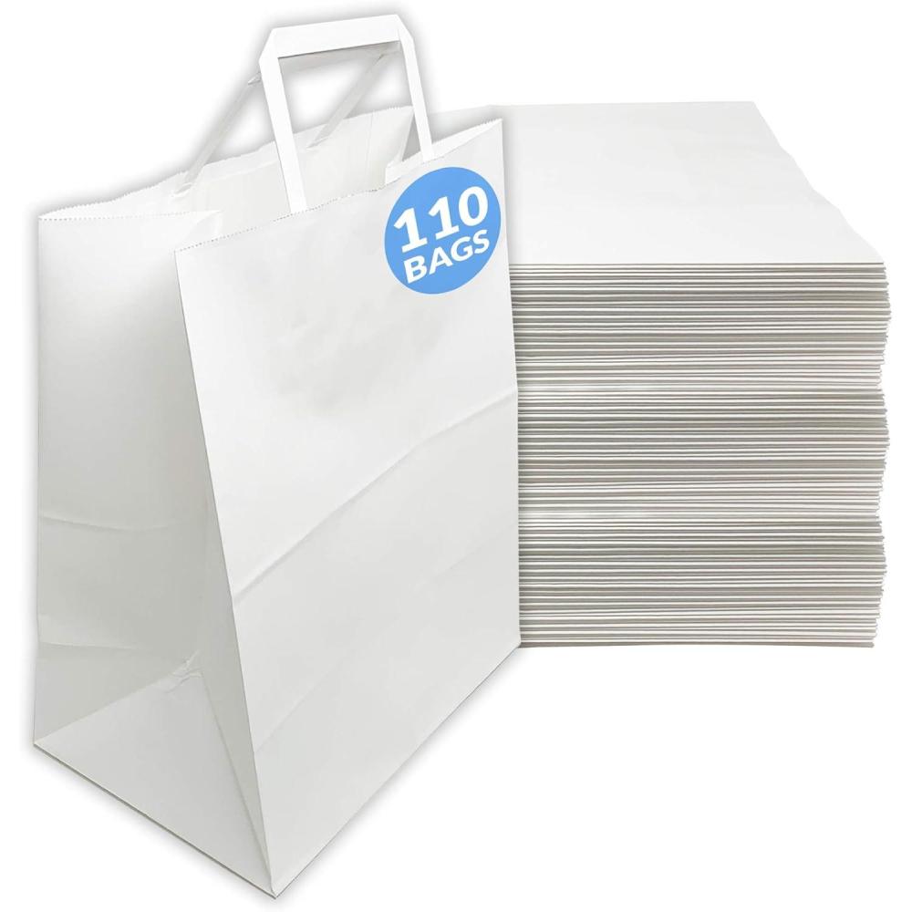 imageReli 110 Pack 10x5x13 White Paper Bags wHandles Ideal for Gifts Shopping Bags RetailMerchandise Grocery To GoTake Out with Flat Handles