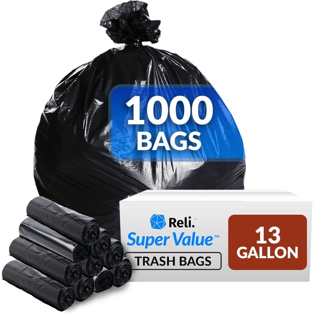 imageReli 13 Gallon Trash Bags 1000 Bags Black Tall Kitchen Strong Garbage