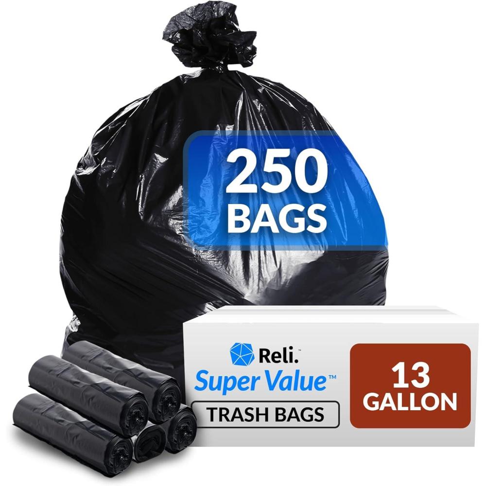 imageReli 13 Gallon Trash Bags 250 Bags Black Tall Kitchen Strong Garbage