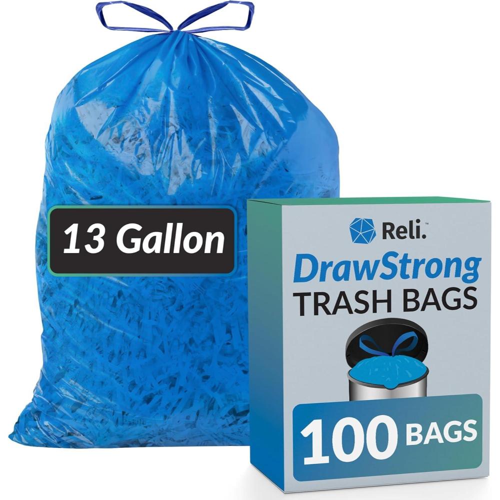 imageReli 13 Gallon Trash Bags Drawstring 100 Count Tall Kitchen Garbage Bags Unscented Ideal for Kitchen Home Blue Recycling Can Liners wDrawstring