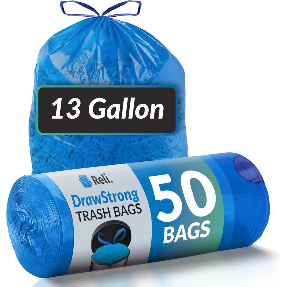 imageReli 13 Gallon Trash Bags Drawstring 50 Count Tall Kitchen Garbage Bags Unscented Ideal for Kitchen Home Blue Recycling Can Liners wDrawstring