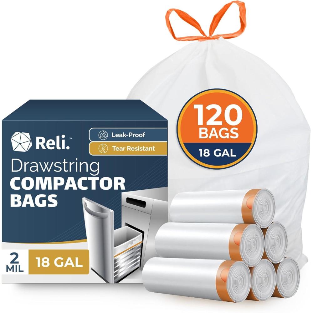 imageReli 18 Gallon Trash Compactor Bags 120 Pack 2 Mil Heavy Duty Compatible with Kitchenaid Whirpool GE 15 Inch Compactors No Slip Drawstring Kitchen Trash Bags LeakProof amp Tear Resistant