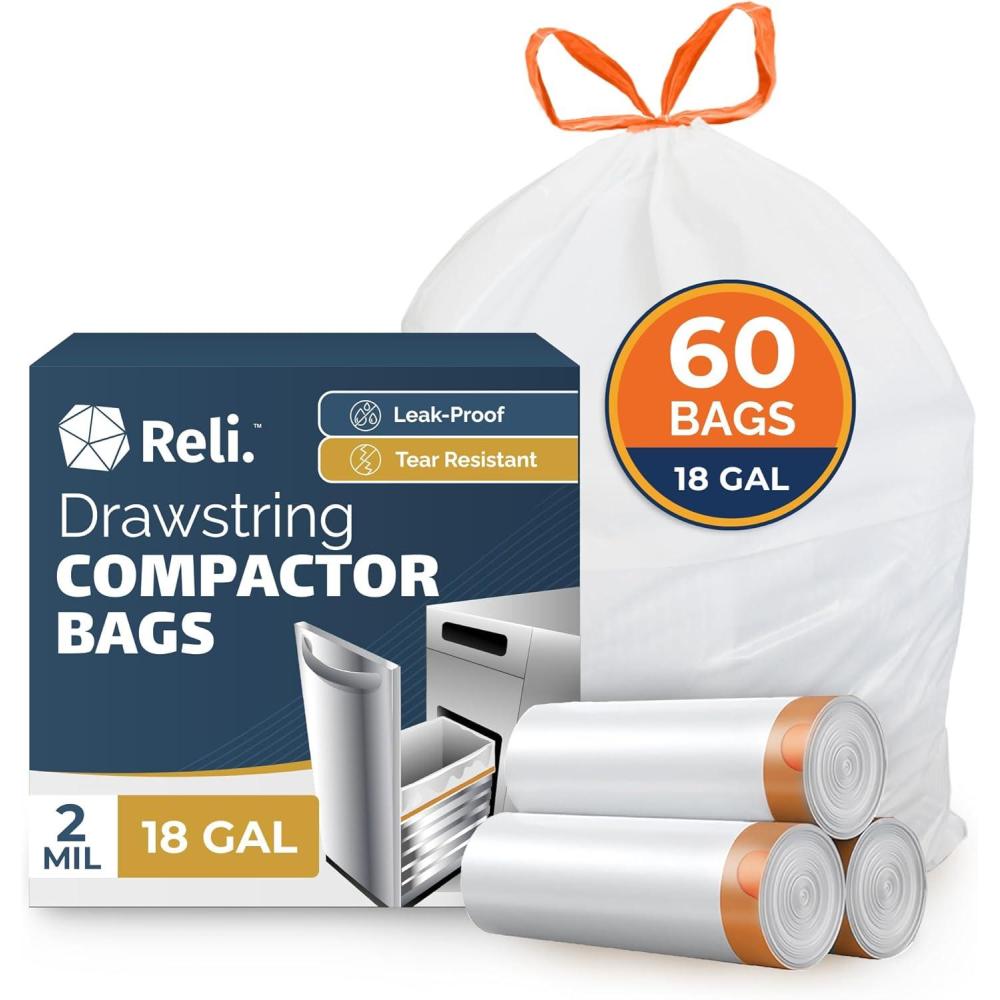 imageReli 18 Gallon Trash Compactor Bags 60 Pack 2 Mil Heavy Duty Compatible with Kitchenaid Whirpool GE 15 Inch Compactors No Slip Drawstring Kitchen Trash Bags LeakProof amp Tear Resistant