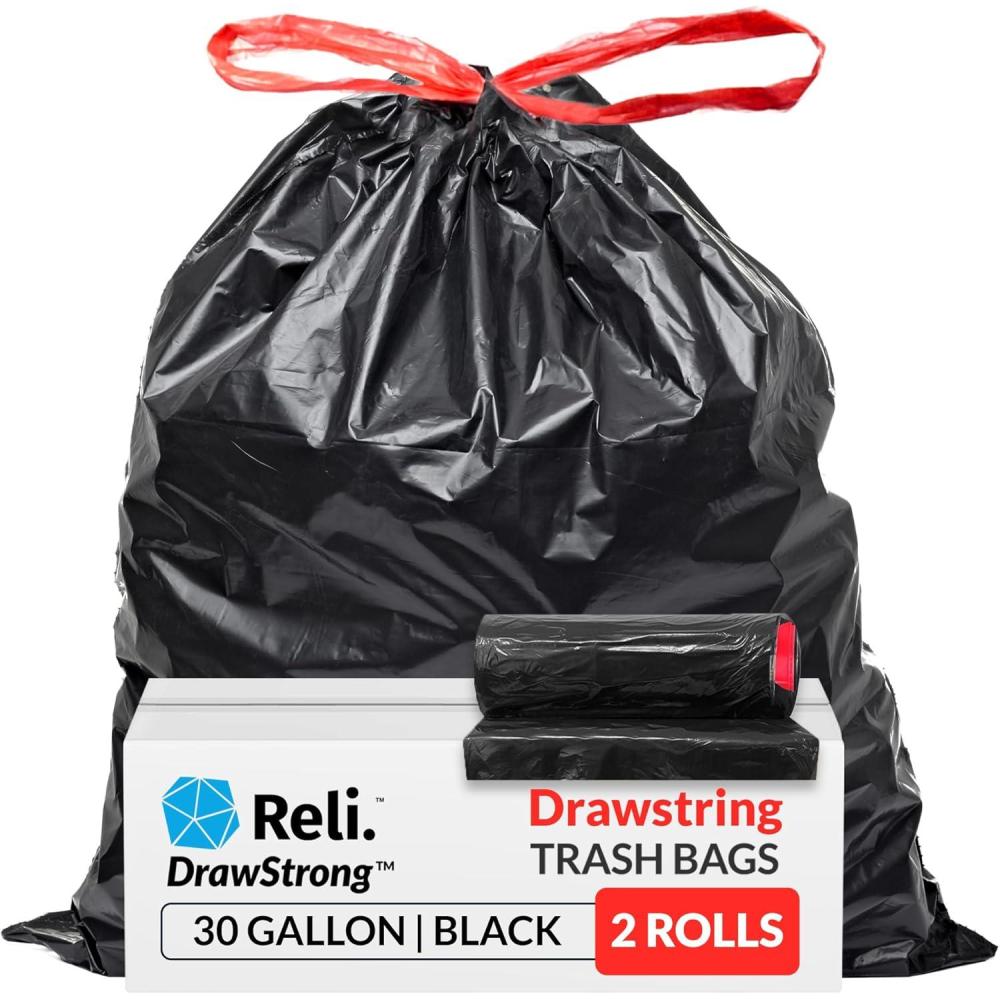 imageReli 30 Gallon Trash Bags Drawstring 150 Count Black 30 Gallon Garbage Bags Heavy Duty Large 30 Gal