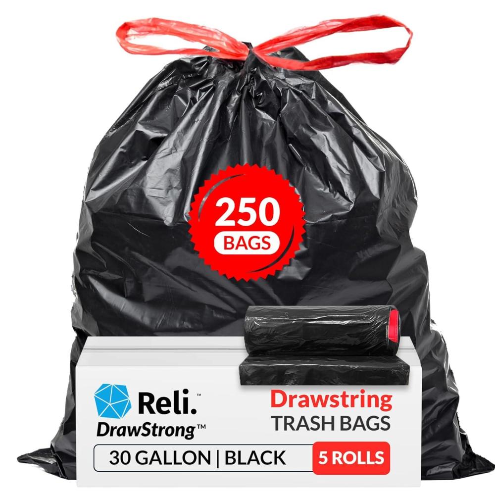 imageReli 30 Gallon Trash Bags Drawstring 250 Count Bulk Black 30 Gallon Garbage Bags Heavy Duty Large250