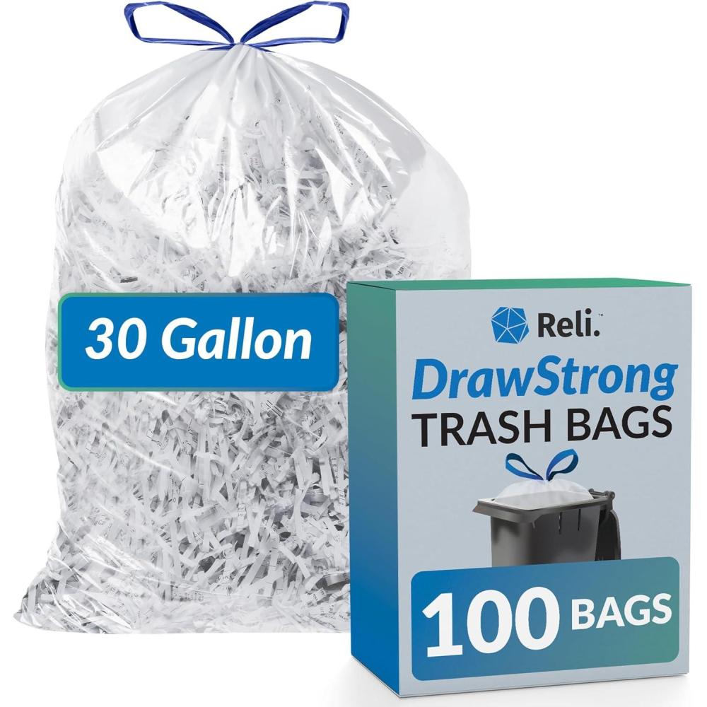 imageReli 30 Gallon Trash Bags Drawstring 100 Count Clear Strong Large Garbage Bags 30 Gallon Unscented Drawstrings Recycling Can Liners
