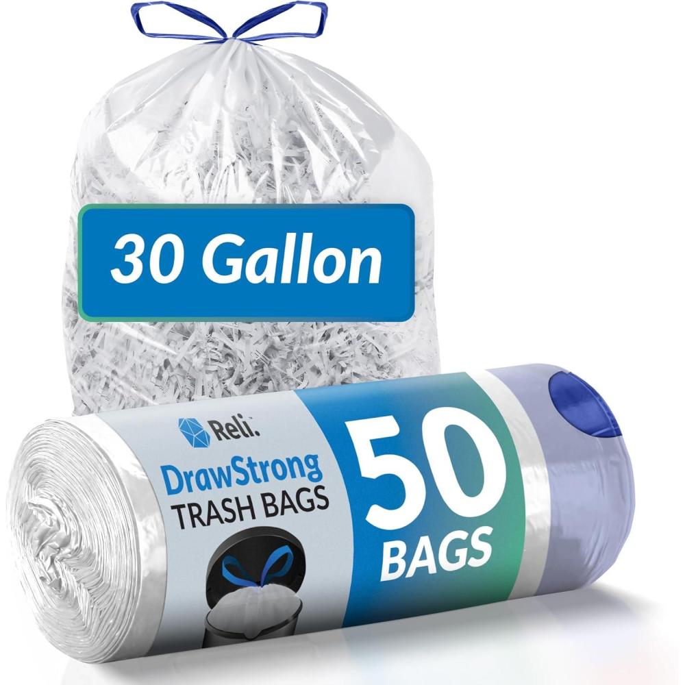 imageReli 30 Gallon Trash Bags Drawstring 50 Count Clear Strong Large Garbage Bags 30 Gallon Unscented Drawstrings Recycling Can Liners