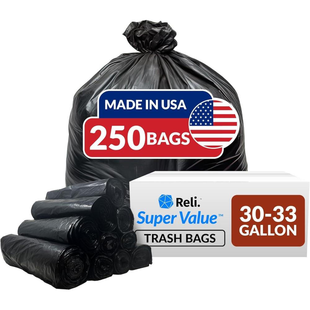 imageReli 3033 Gallon Trash Bags Heavy Duty  250 Count Bulk  Black Large Trash Bags 30 32 Gallon  Made in USA250 Count Pack of 1