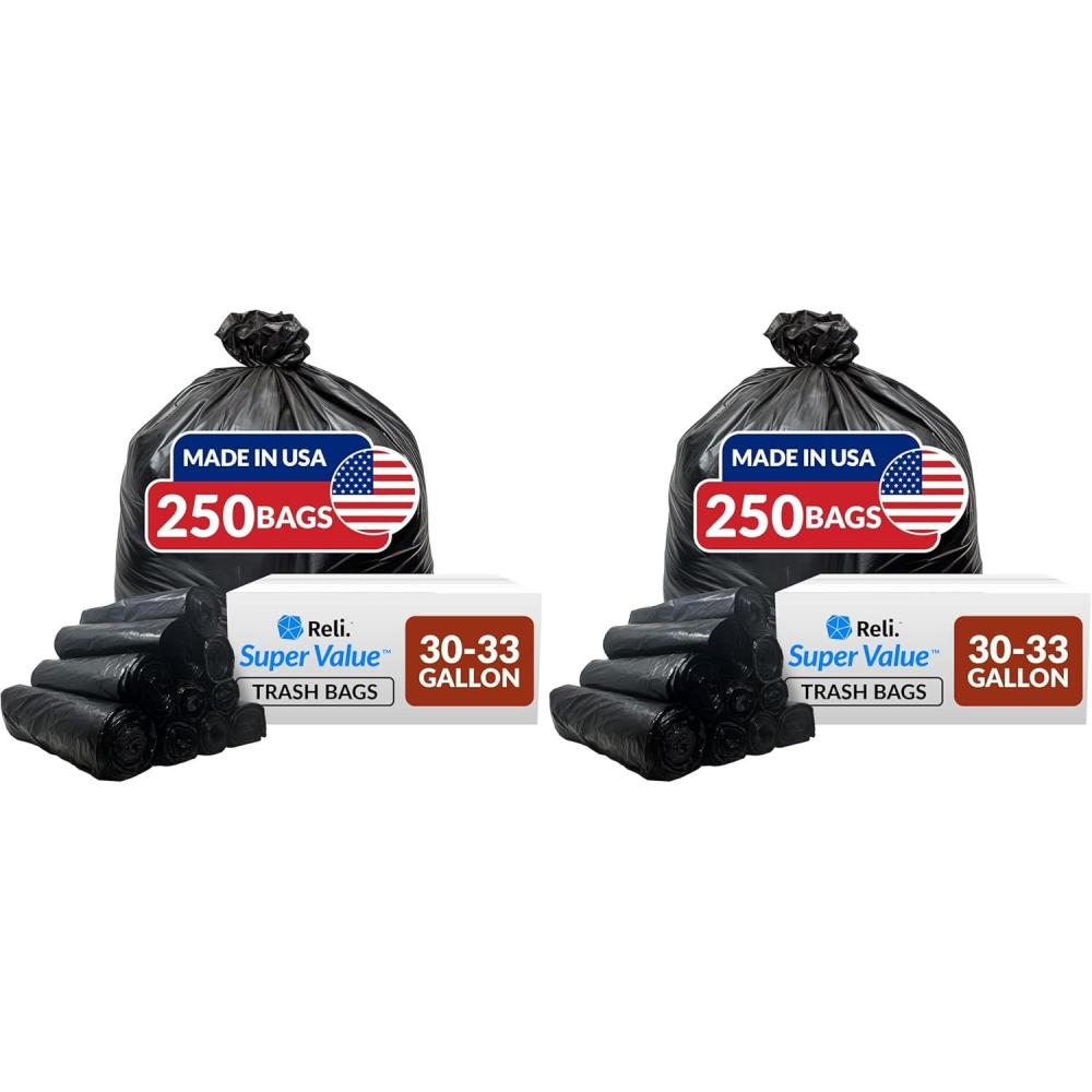imageReli 3033 Gallon Trash Bags Heavy Duty 250 Count Bulk Black Large Trash Bags 30 32 Gallon Made in USA250 Count Pack of 2