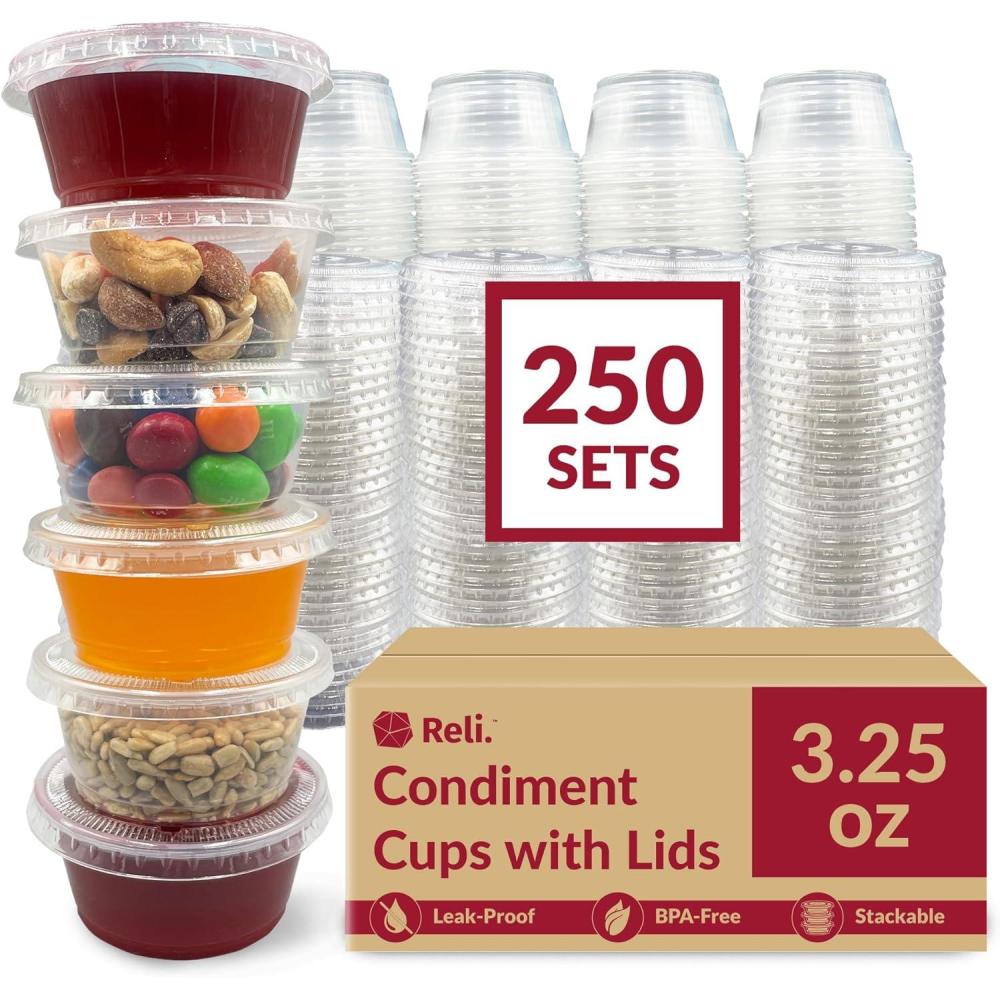 imageReli 325 oz Small Containers with Lids 250 Sets Jello Shot Cups with Lids Clear Plastic Condiment Containers 3 oz Portion Cup 3oz Sauce