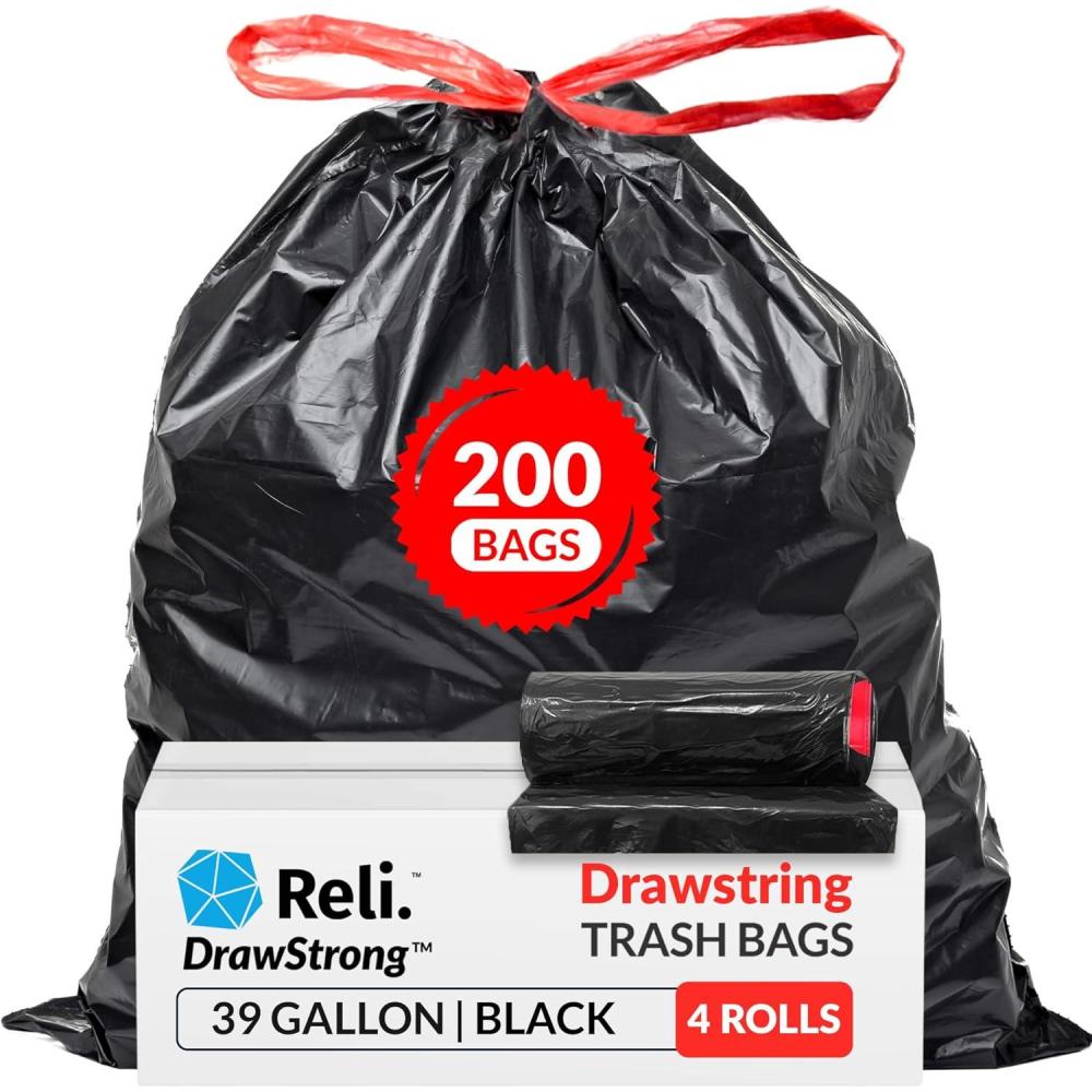 imageReli 39 Gallon Trash Bags Drawstring 200 Count Bulk Large 39 Gallon Heavy Duty Drawstring Trash Bags Black Garbage 39Gal Capacity Lawn Leaf 39Gal1 Count Pack of 200