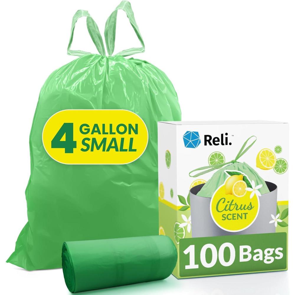 imageReli 4 Gallon Trash Bags Drawstring 100 Count Citrus Scented Small Trash Bags for Bathroom Can 2 Gal 3 Gallon 4 Gal Small Trashcan Liners Green