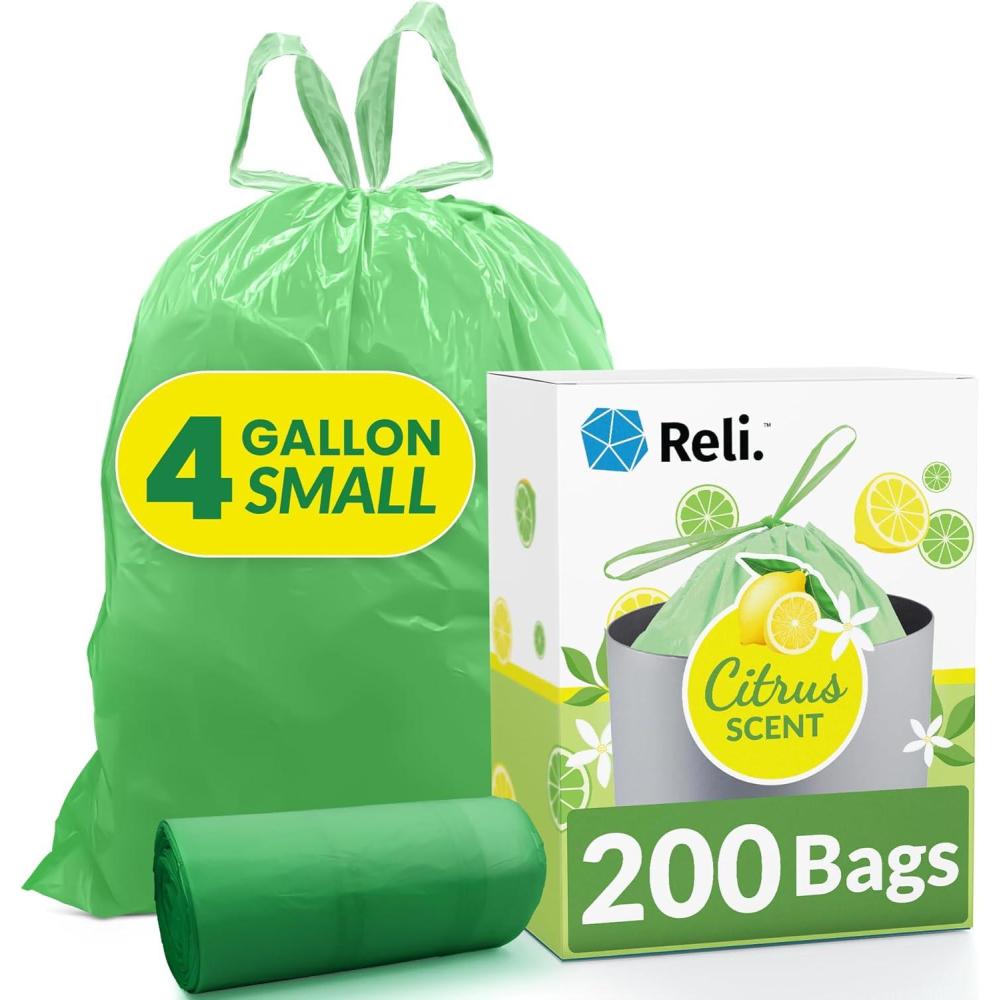 imageReli 4 Gallon Trash Bags Drawstring 200 Count Bulk Citrus Scented Small Trash Bags Garbage Liners for Bathroom Can 2 Gal 3 Gallon 4 Gal Small Can Liners Green