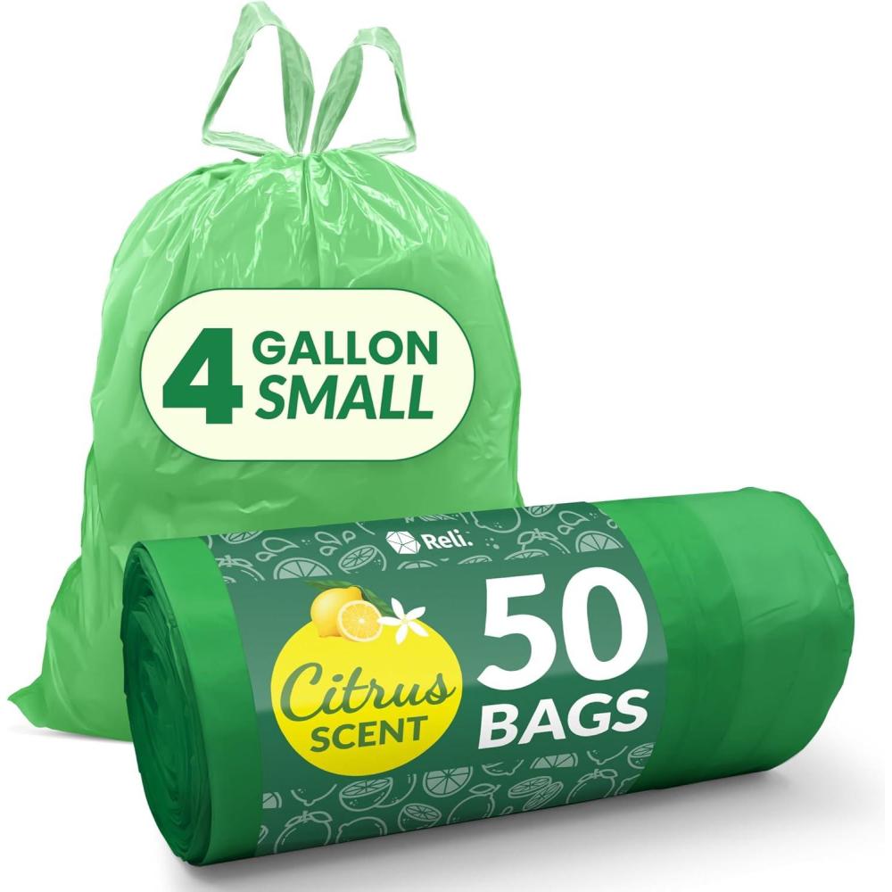 imageReli 4 Gallon Trash Bags Drawstring 50 Count Citrus Scented Small Trash Bags Garbage Liners for Bathroom Can 2 Gal 3 Gallon 4 Gal Small Can Liners Green