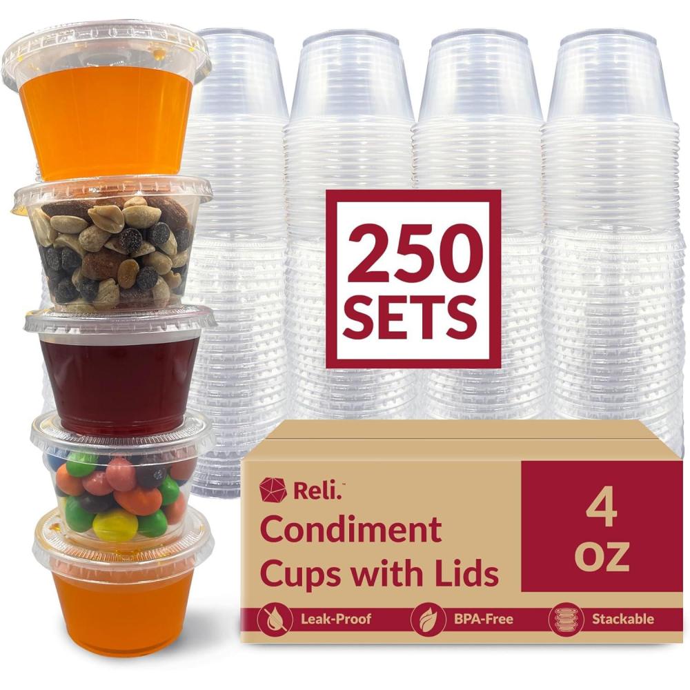 imageReli 4 oz Small Containers with Lids 250 Sets Jello Shot Cups with Lids Clear Plastic Condiment Containers Portion Cups Sauce Souffle Stackable Bulk
