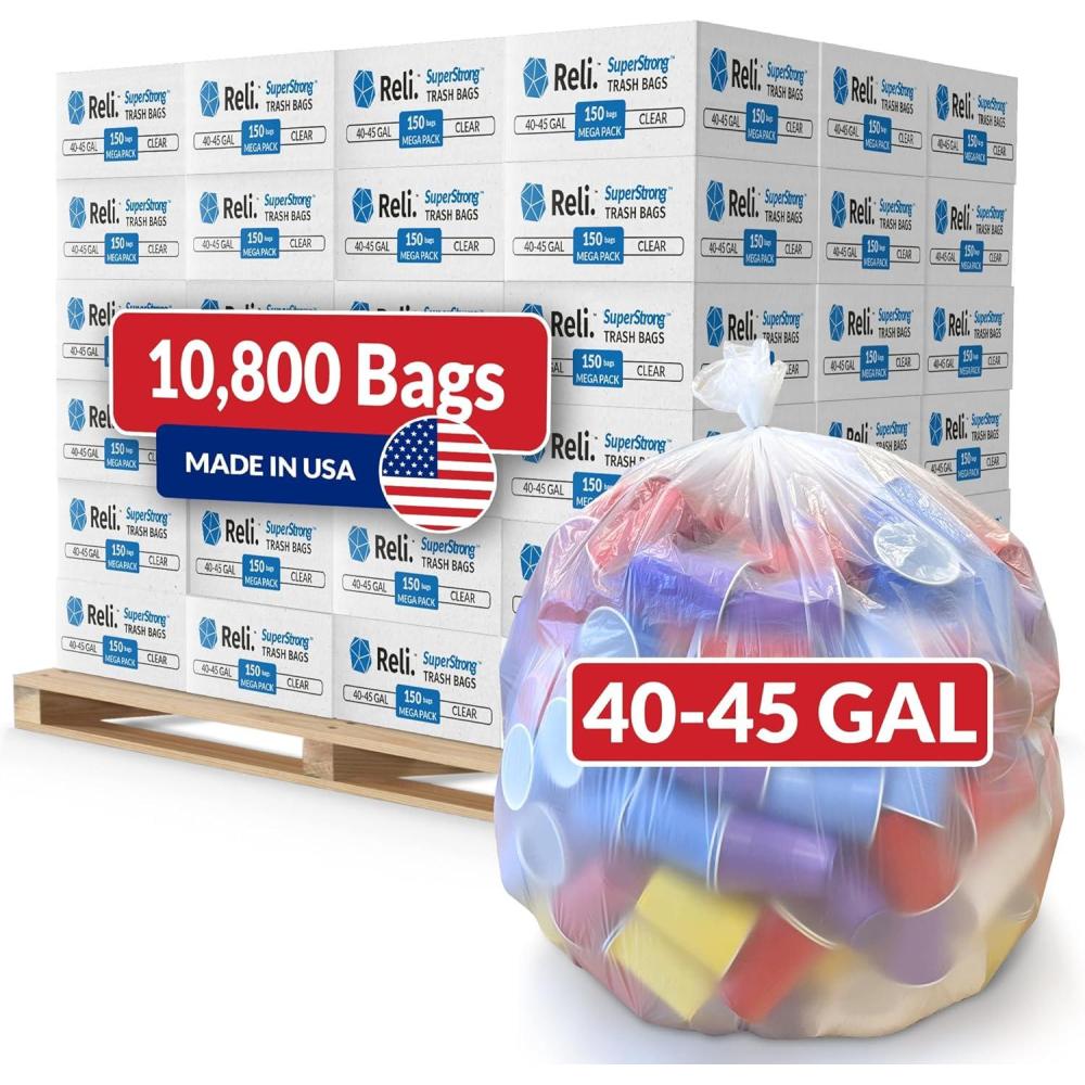 imageReli 40 to 45 Gallon Trash Bags Heavy Duty 10800 Total 150 BagsCase 72 CasesPallet Made in USA Clear