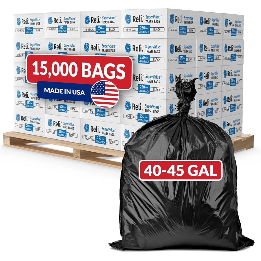 imageReli 40 to 45 Gallon Trash Bags Heavy Duty 15000 Total 250 BagsCase 60 CasesPallet Made in USA Black
