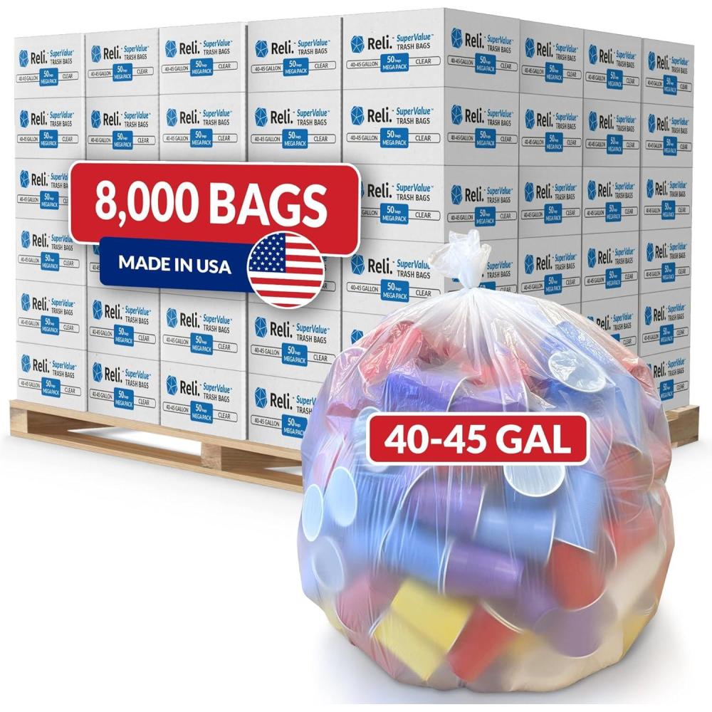 imageReli 40 to 45 Gallon Trash Bags Heavy Duty 8000 Total 50 BagsCase 160 CasesPallet Made in USA Clear