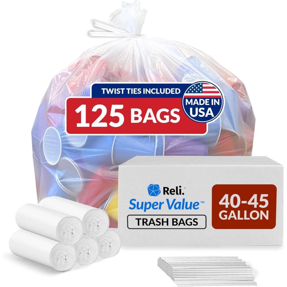 imageReli 40 to 45 Gallon Trash Bags Heavy Duty 125 Trash Bags with Ties Super Sizeable Clear Serious Garbage Cleanup