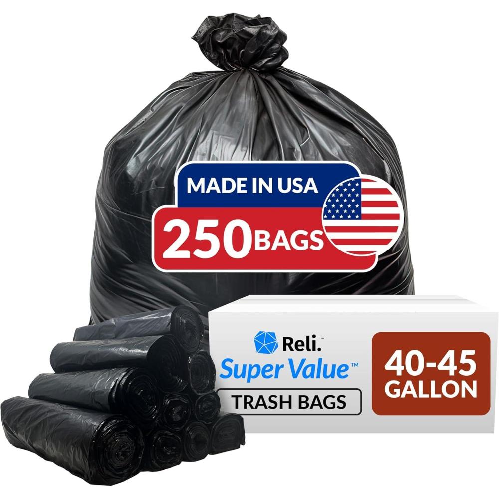 imageReli 40 to 45 Gallon Trash Bags Heavy Duty 250 Trash Bags Super Sizeable Black Garbage for Serious Cleanup