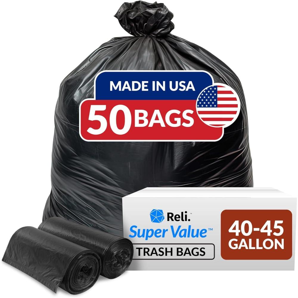 imageReli 40 to 45 Trash Bags Heavy Duty 50 Trash Bags Super Sizeable for Serious Garbage Cleanup Black